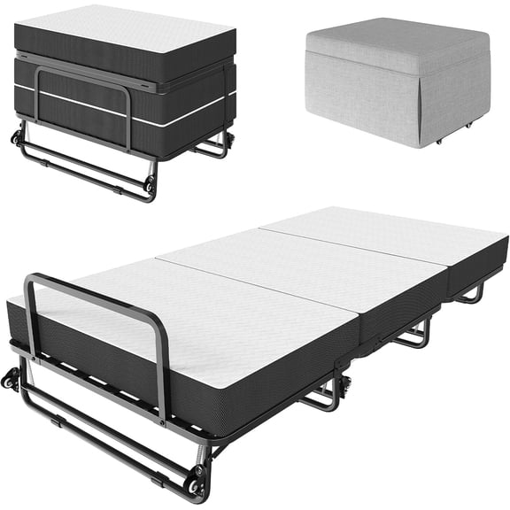 Folding Bed with Mattress,75"x38"Guest Bed Frame with Lockable Wheels, Portable Rollaway Guest Bed with Memory Foam Mattress, Converts to Sofa Ottoman,Heavy Duty Metal Rollaway Bed for Adults