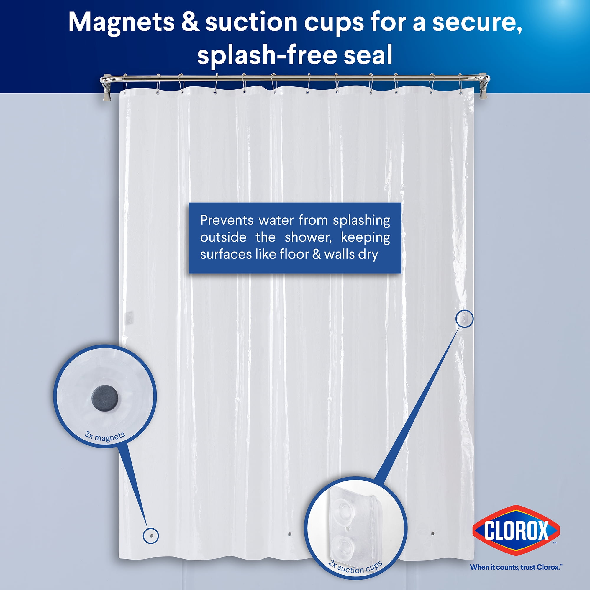 Clorox Shower Curtain Liner Heavyweight Waterproof PEVA with Metal Grommets 72" x 72" Clear