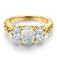 thumbnail image 3 of Gem Stone King 18K Yellow Gold Plated Silver White Opal and White Topaz Filigree Style 3-Stone Ring for Women | 2.20 Cttw | Oval 8X6MM and 6X4MM | Wedding Engagement Anniversary Promise Ring| Size 8, 3 of 6