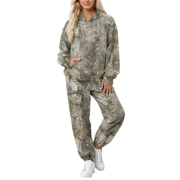 Women's 2 Piece Camo Sweatsuits Set Maple Leaf Print Hooded Pullover Tops and Jogger Pant Long Sleeve Fashion Travel Outfit Winter Clothes