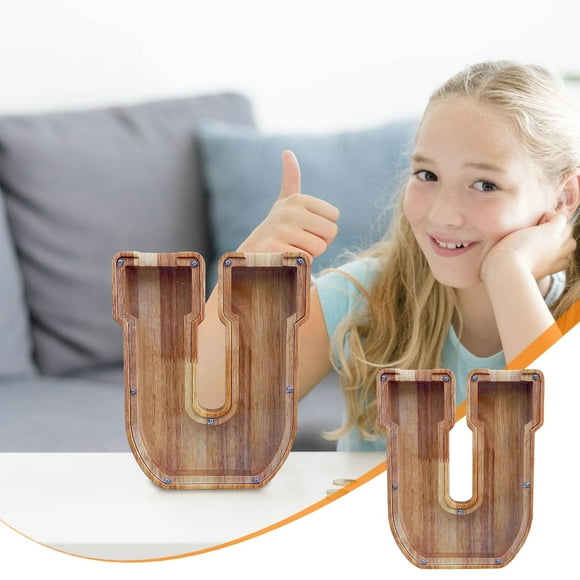 Lata de Ahorro de Madera con Letras En Inglés y Cristal Transparente.