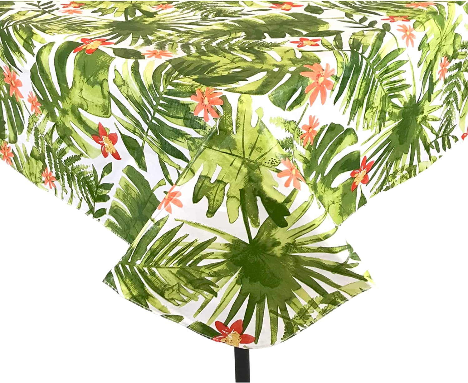 Tropical Flannel Back Vinyl Tablecloth: Green Palm Leaves with Pink Flowers Summer Fun for Easy Clean for Cookout Picnics Home Kitchen Office Business (52' x 90' Inch, Lush Nature)
