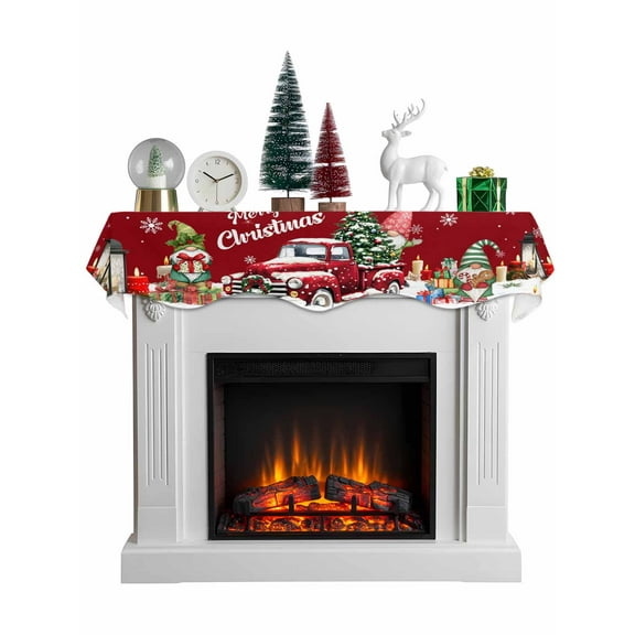Red Truck Christmas Mantel Scarf Fireplace Decorations for Living Room, Gnomes Xmas Tree Snowflake Gifts Fireplace Mantel Scarf Cover Runner for Halloween/Thanksgiving/Christmas Decor 70"x17"