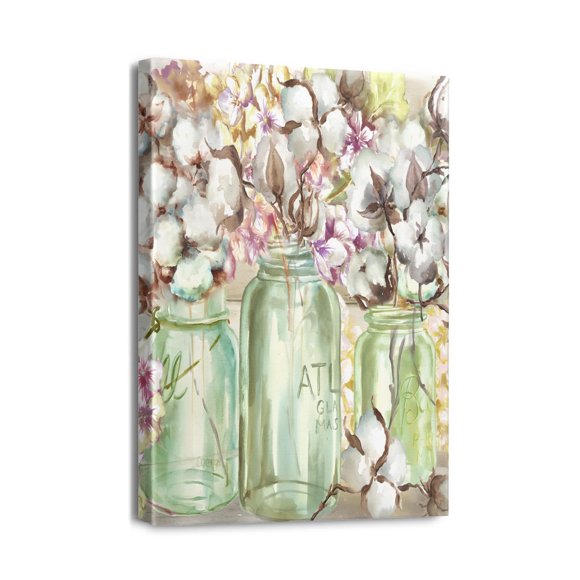 Décor Mural Fleurs Rustiques, Peinture à l'Huile sur Toile Bouteilles & Plantes - Transformez Votre Espace avec Cette Uvre d'Art Style Ferme, Parfait pour Salle de Bain, Chambre Ou Salon, 12x16 Pouces