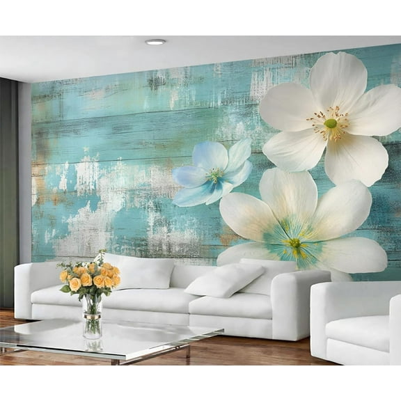 Cherry Blossom Custom Mural- Wooden Plank Mural, Distressed Wood Grain Large Murals For Living Room Bedroom, Floral Murals 59"W x 39.4"H (Not Peel and Stick)