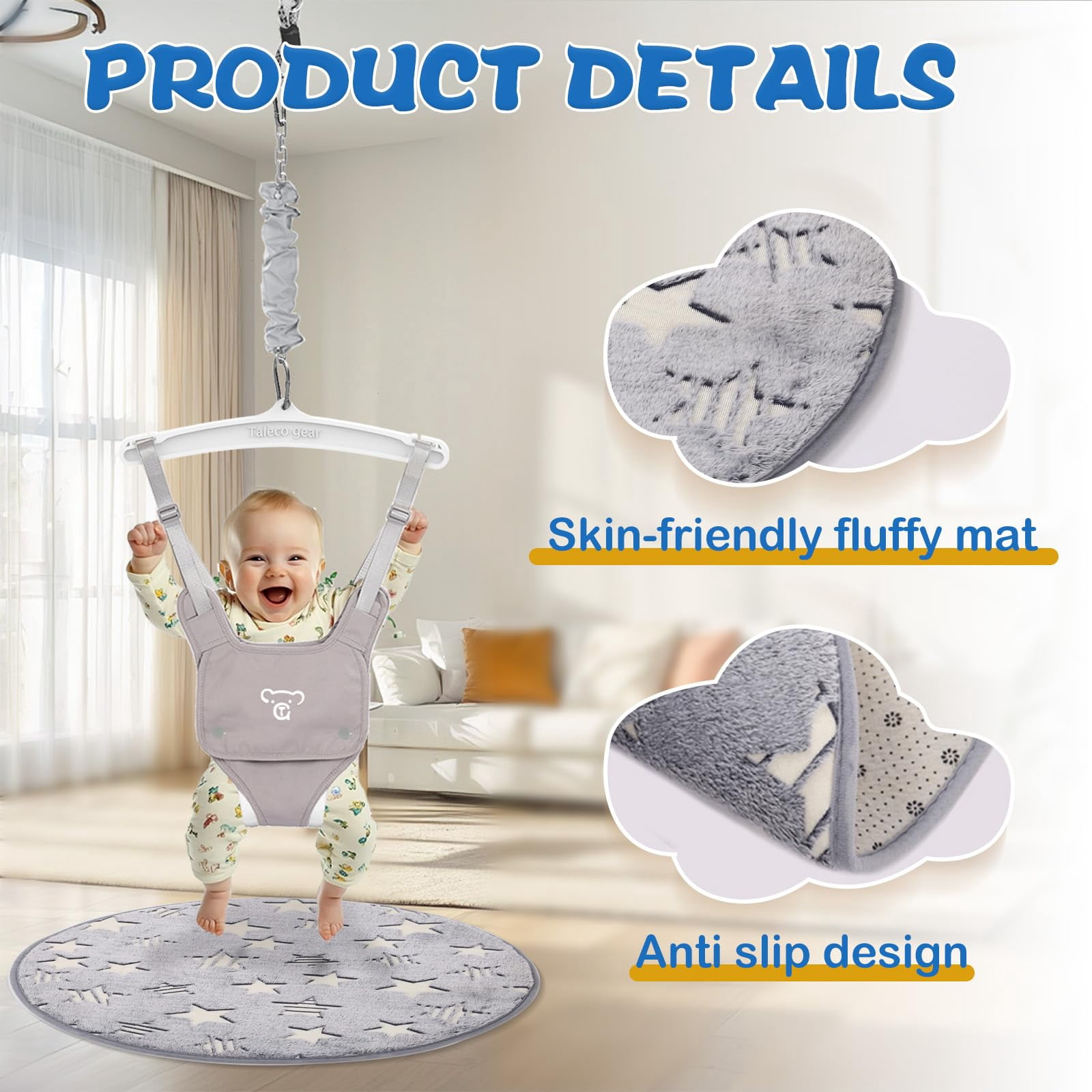 G TALECO GEAR Baby Jumper Doorway with Hook for Infant & Toddlers, Adjustable Strap for Baby Bouncers Indoor/Outdoor with Soft Rug, 6+ Months, Gray