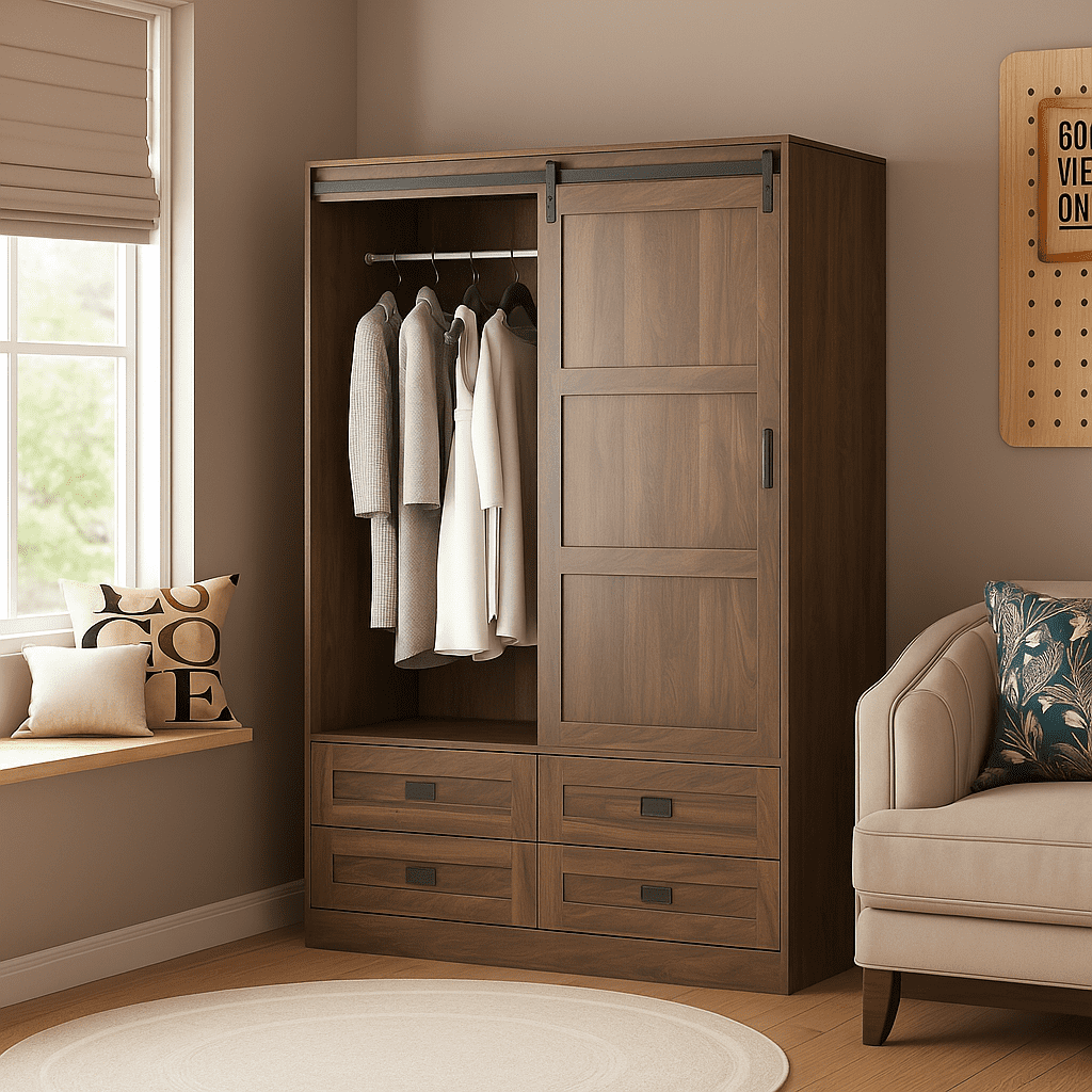 Aukfa Wood Armoire Wardrobe Closet,Clothing Storage Cabinet with Drawers,Hanging Rod & Barn Door,Walnut