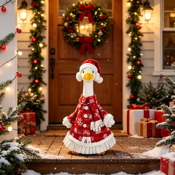 23 Inch Christmas Themed Porch Goose Clothing Set, Red Santa Outfit for Lawn Goose Statue, Festive Goose Clothes for Holiday Garden and Yard Display
