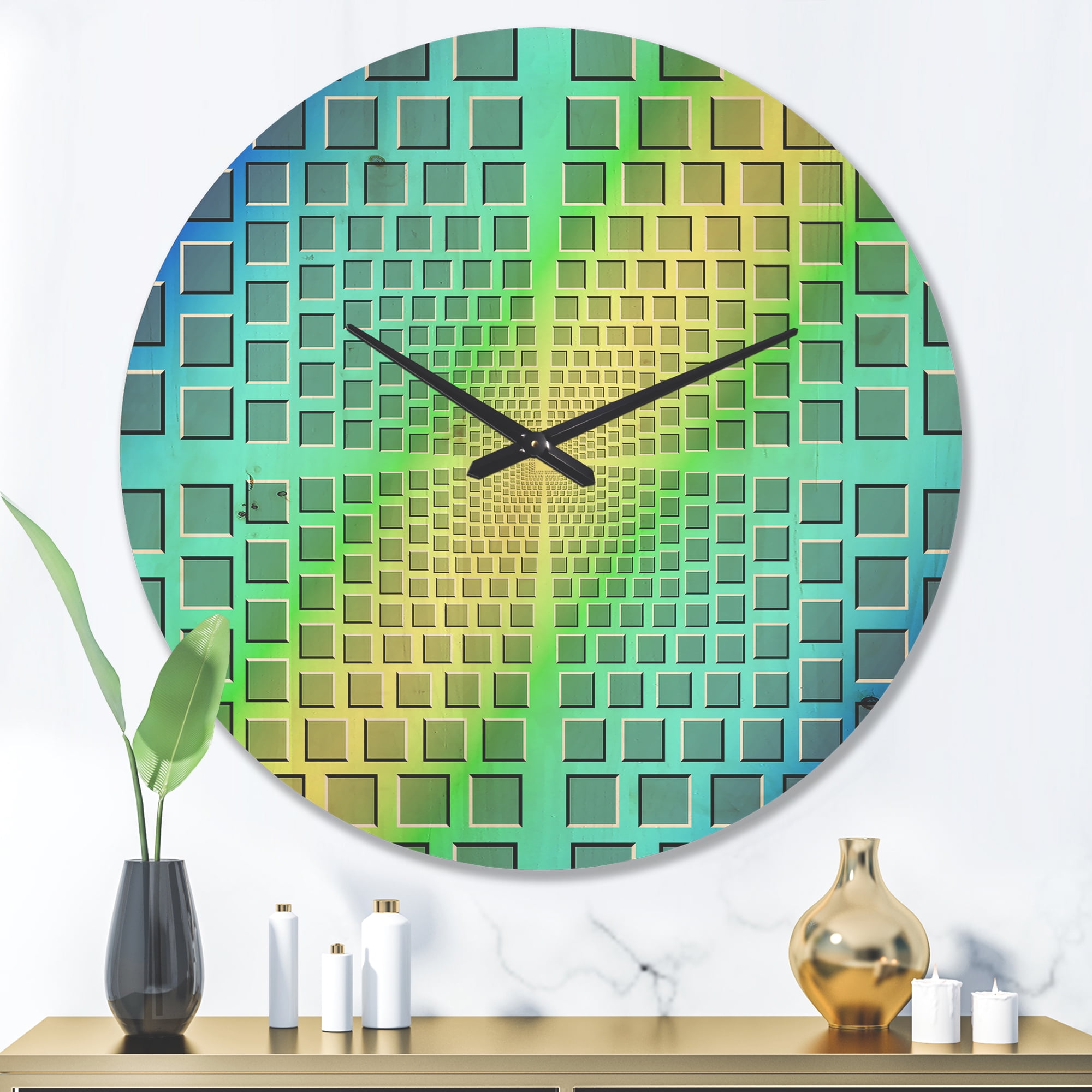 Designart 'Yellow and Purple Optical Illusion ' Modern Wood Wall Clock