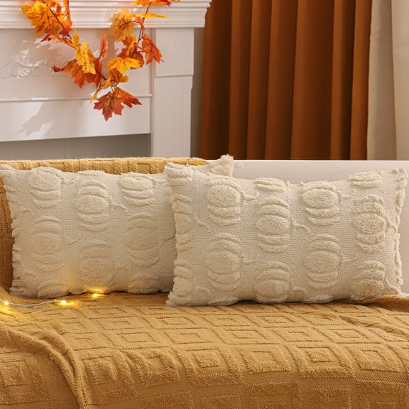 Tosleo  Fall Throw Pillow Covers 12x20 inch Set of 2 Beige Pumpkin Decorative Pillow Cases Farmhouse Plush Faux Fur Cushion Covers for Couch Sofa Bed
