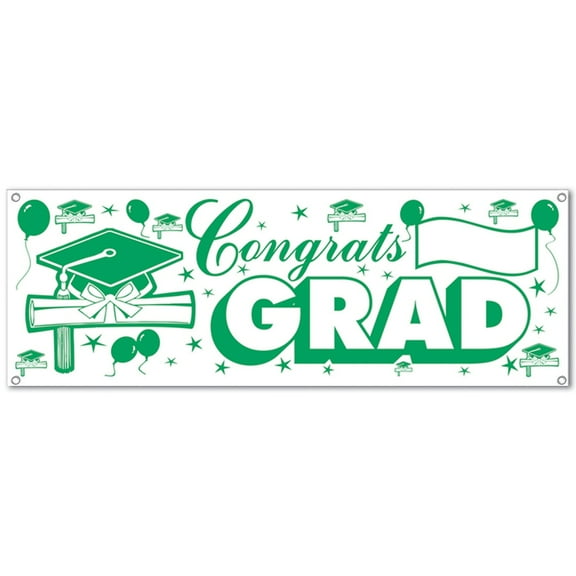 Beistle Club Pack of 12 Green and White Congrats Grad Sign Hanging Banners 60"