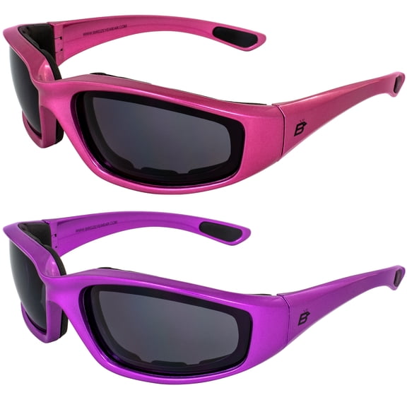 Birdz Eyewear Oriole Padded Motorcycle Sunglasses for Women 2 Pairs Pink & Purple Frames w/Smoke Lenses