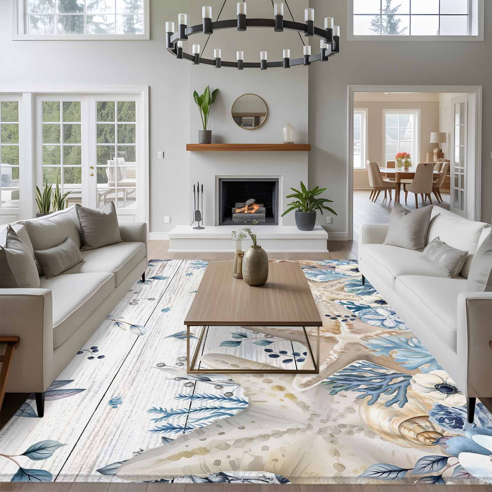 6'x9' Area Rugs, Blue Beige Coastal Indoor Outdoor Area Rug for Living Room Bedroom, Beach Starfish Summer Eucalyptus Retro Washable Bathroom Rugs Kitchen Floor Carpet Mats Home Decor Aesthetic