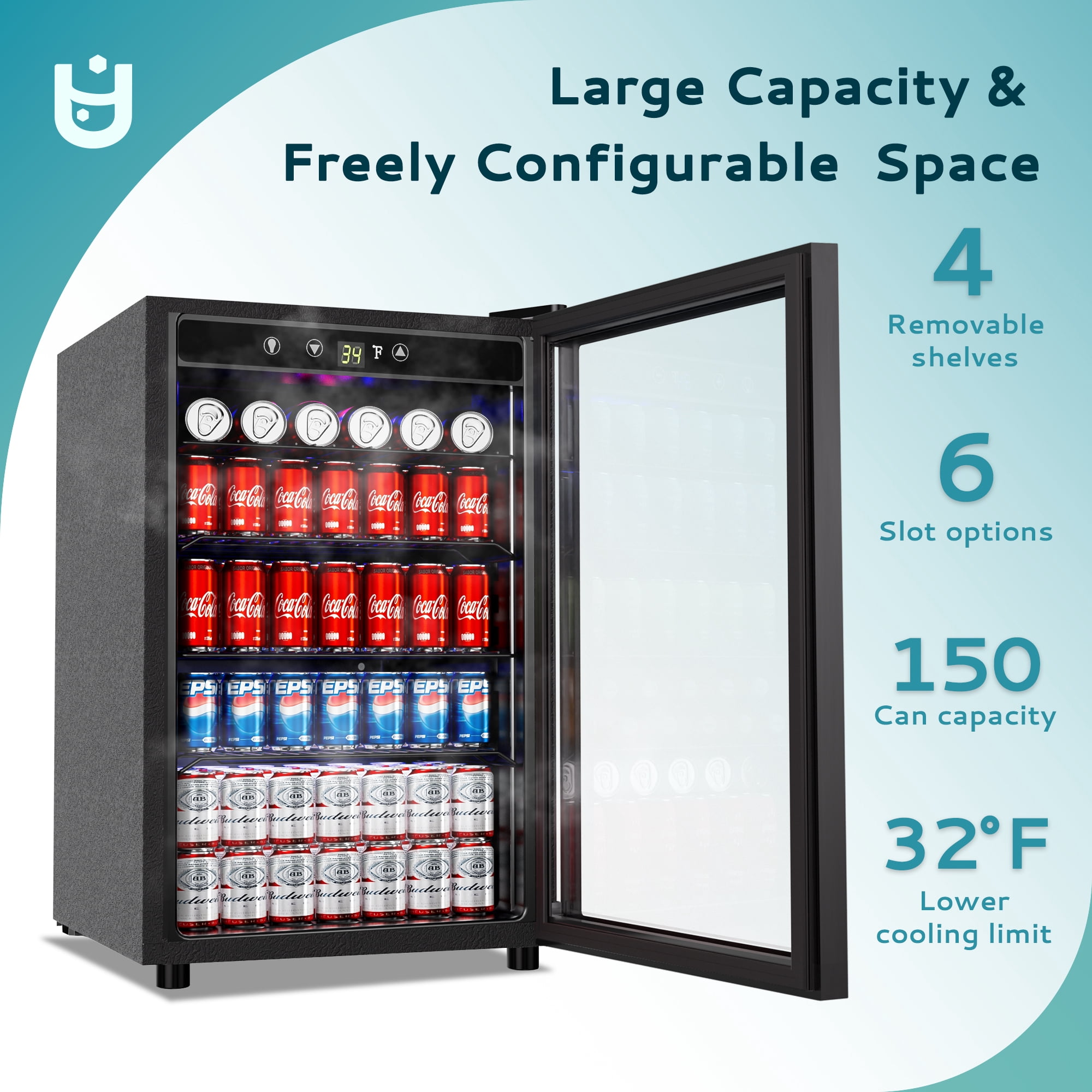 EUHOMY 150 Can Beverage Refrigerator and Mine Cooler with Glass Door with Adjustable Shelves