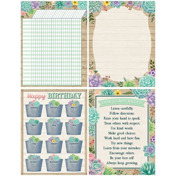 Teacher Created Resources Rustic Bloom Succulents, 4 Chart Set
