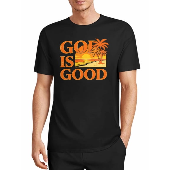 USPEED God is Good Faith Graphic Men's T-Shirt Retro Beach Sunset Palm Tree Casual Short Sleeve Summer Everyday Wear Top