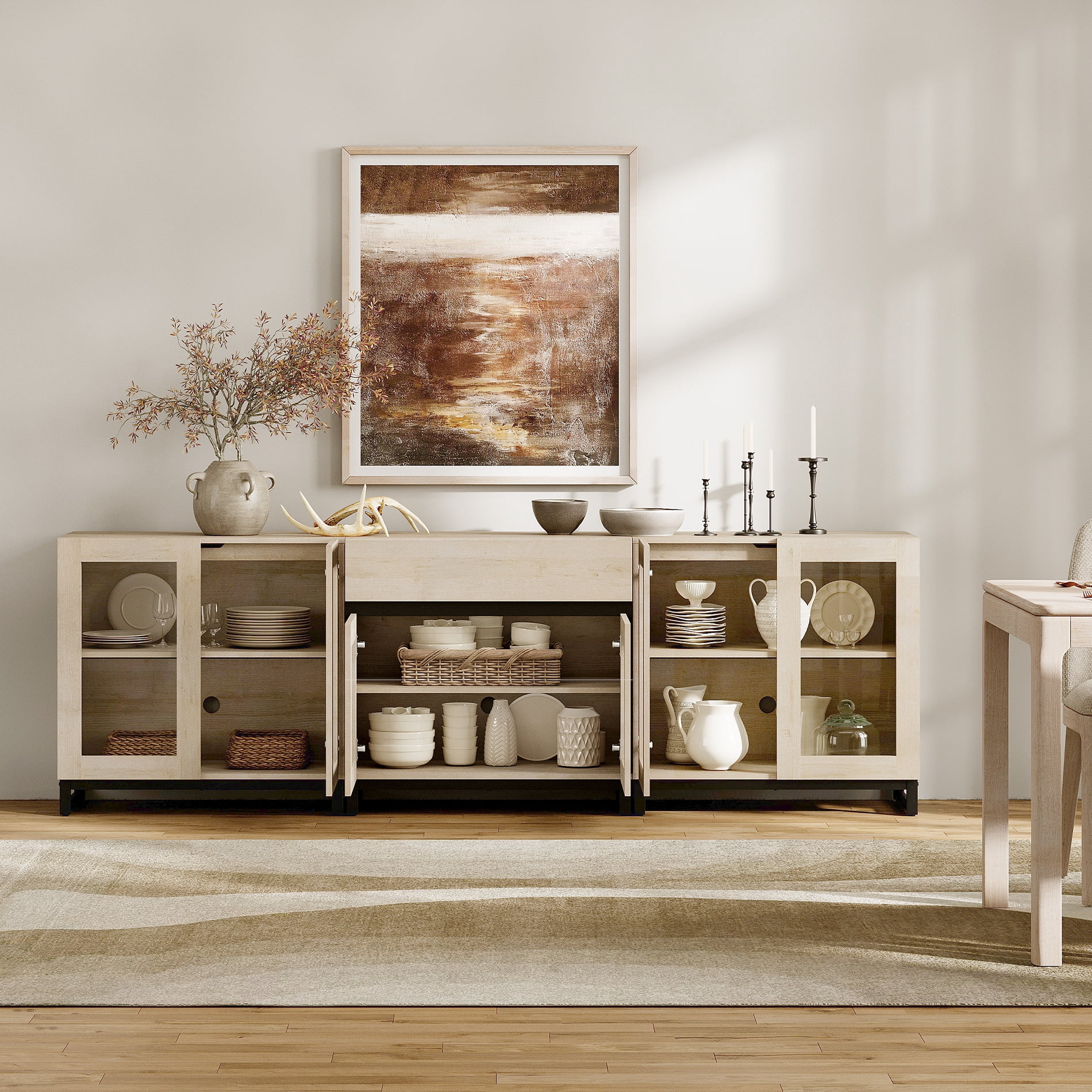 3 In 1 Modern Dresser with Glass Doors, Adjustable Shelves and Drawer, Metal Base Storage Cabinet, Multifunctional Chest Of Drawers for Bedroom Home Storage,Beige