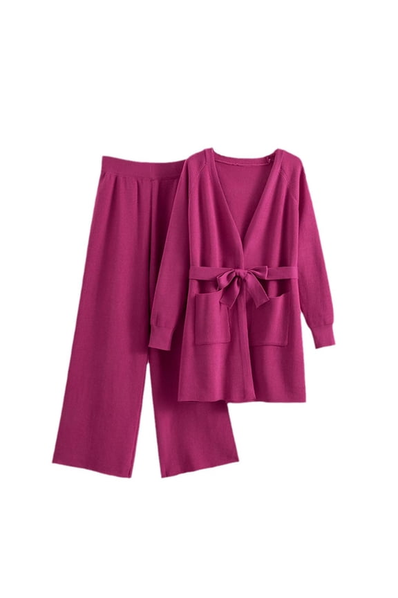 Women's 2 Piece Outfit Knit Sweater V Neck Tie Belt Cardigan With Stretch Wide Leg Pants Lounge Sweatsuit Set