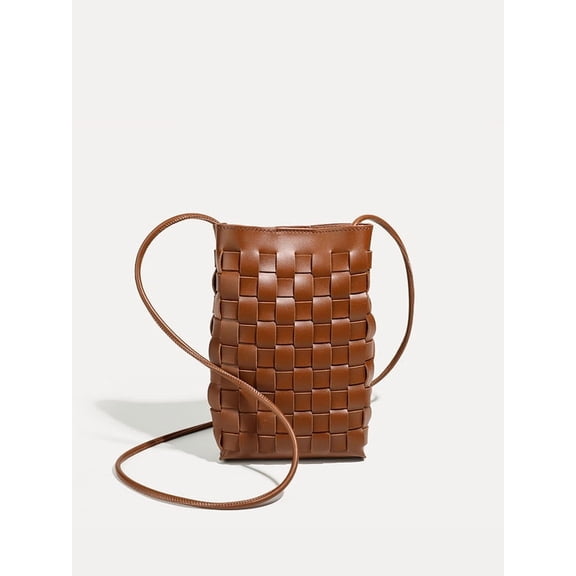 Alikpop Intrecciato Weave PU Mini Bucket Crossbody Bag, Slim Single Strap Purse for Women, Brown