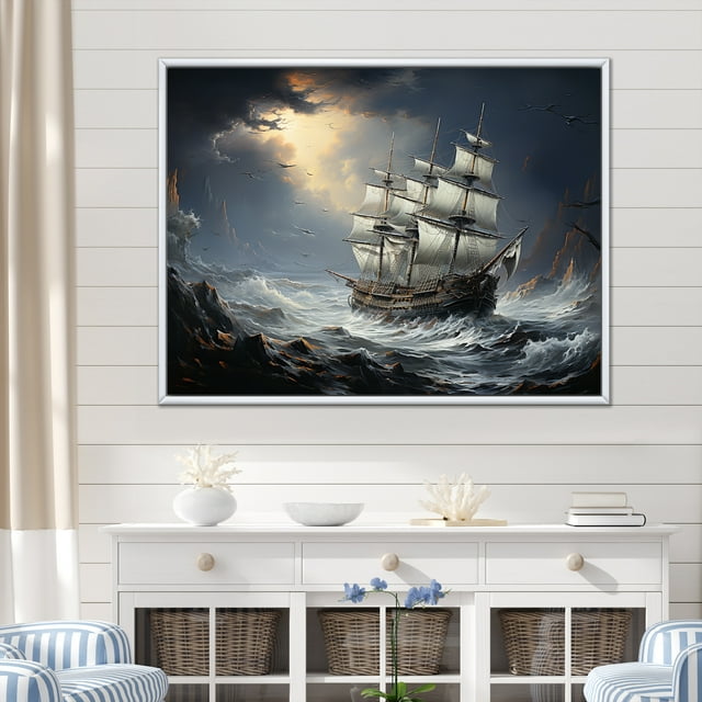Designart Pirate framed wall Art, Pirate Ship Braving Stormy Seas , pirate Large framed wall art decor, grey White Framed Wall Art, 32x16 inches White Color Frame