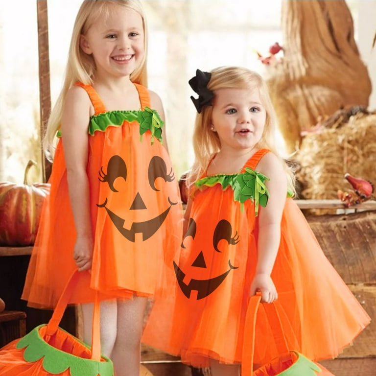 PMVFHDE Halloween Costumes 5 Month Old Baby Girl Dress Toddler Kids Baby Girls Sleeveless Cute Pumpkins Prints Mesh Tulle Dress Outfits Yellow 18 24