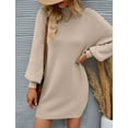 thumbnail image 3 of YOGAFOX Women's Fall Oversized Turtleneck Lantern Sleeve Casual Knit Mini Dress Almond M, 3 of 5