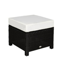 Outdoor Ottoman 20 Inch, PE Rattan Wicker Footrest with Cushion, Black Steel Frame