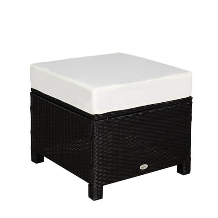 Outdoor Ottoman 20 Inch, PE Rattan Wicker Footrest with Cushion, Black Steel Frame