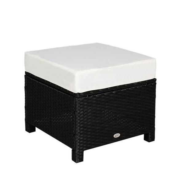Outdoor Ottoman 20 Inch, PE Rattan Wicker Footrest with Cushion, Black Steel Frame