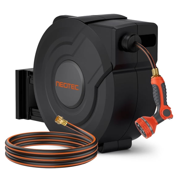 NEOTEC Retractable Garden Hose Reel 1/2 inch x 100ft - Wall Mounted Heavy Duty Hose Reel with 3/4 Inch Brass Fittings & 9-Pattern Nozzle - Auto Rewind System, Any Length Lock, 180° Swivel Bracket