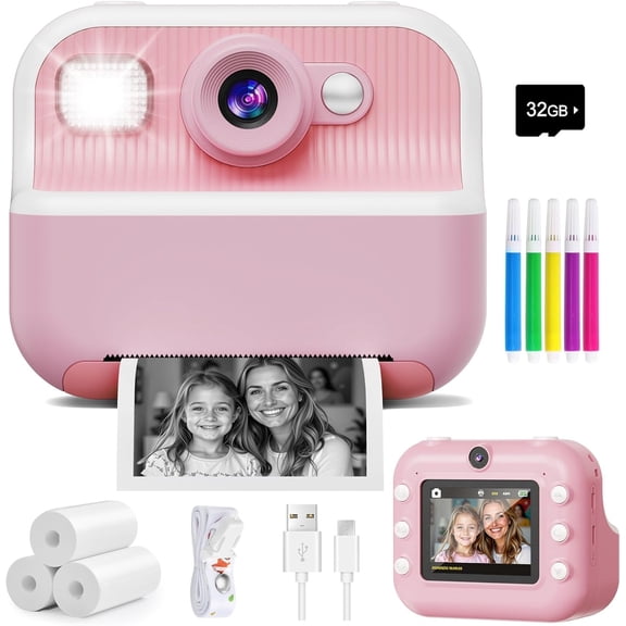 Instant Camera, Front Rear Dual Selfie Kids Camera with 1080P Videos, Holiday Birthday Gifts for Kids Age 3-12, Toddler Portable Travel Print Digital Camera Toy for 4 5 6 7 8 9 Year Boys Girls