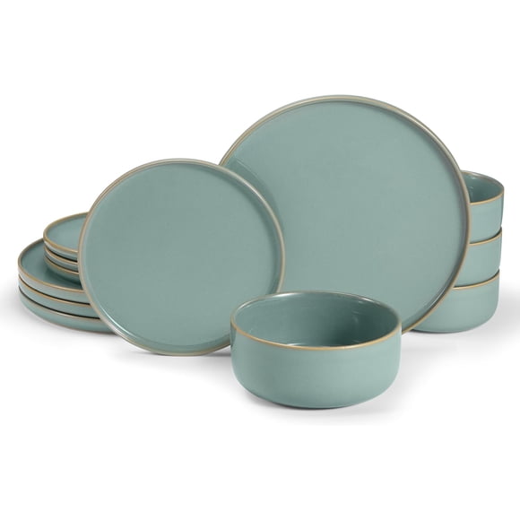 Dinnerware Set, 12 Piece, by Vase and Vessel, Ceramic 10.5”Dinner Plates, 8.2”Salad Plates and 25 oz Soup Bowls, Stoneware, Microwave and Dishwasher Safe, 12 Piece Set, Sage Green, Somerset Collection
