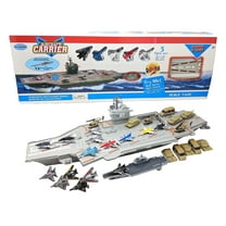 Toy Essentials Large Aircraft Carrier Toy with Catapult, Fighter Jets, and 12 Military Vehicles, Lights Up