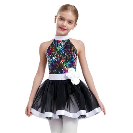 Sholeno Girls Shiny Sequins Ballet Leotard Tutu Dress Tulle Skirt Dancing Party Ballerina Dancewear Black 12