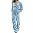 thumbnail image 2 of Gamivast Lounge Sets for Women Long Sleeve Velvet Cowl Neck Tops Wide Leg Elastic Waist Pants with Pockets Relaxed Fit Tracksuit Light Blue L, 2 of 5