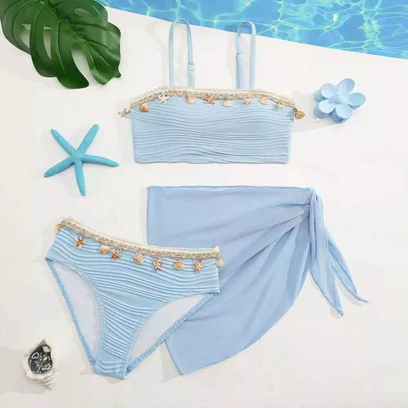 Krdevn Girls Three Piece Swimsuit Set Ribbed Textured Shell Tassel Bandeau Top Sheer Sarong Cover Up UPF 50+ Summer Beach Pool Swimwear,10-11 Years