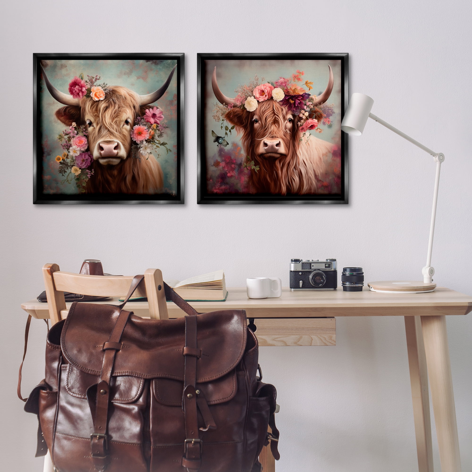 Stupell Industries Highland Cow Field Flower Crown Animals Painting Black Floater Framed Canvas Art Print Wall Art, 25 x 25, Set of 2