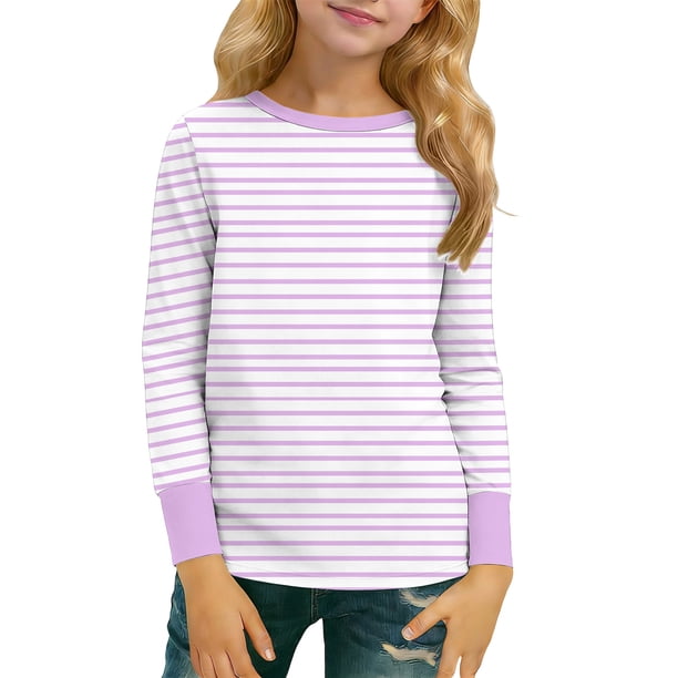 Blusas y camisas de manga larga con cuello redondo para niños y niñas, moda, lindas, con estampado de rayas, transpirables, suaves, de manga larga, para niña