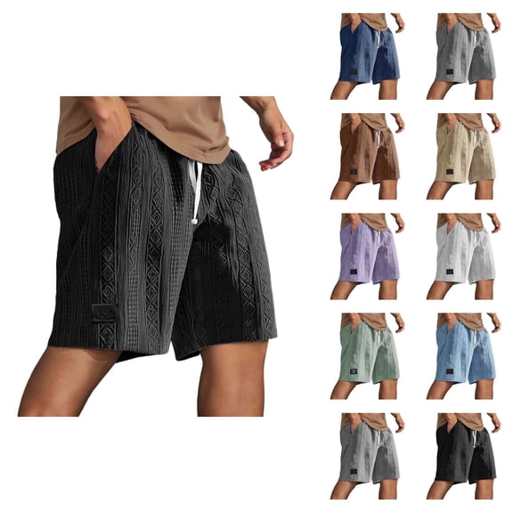 Mens Shorts Casual Summer Elastic Waist Textured Wide Straight Leg Loose Fit Lounge Shorts with Pockets