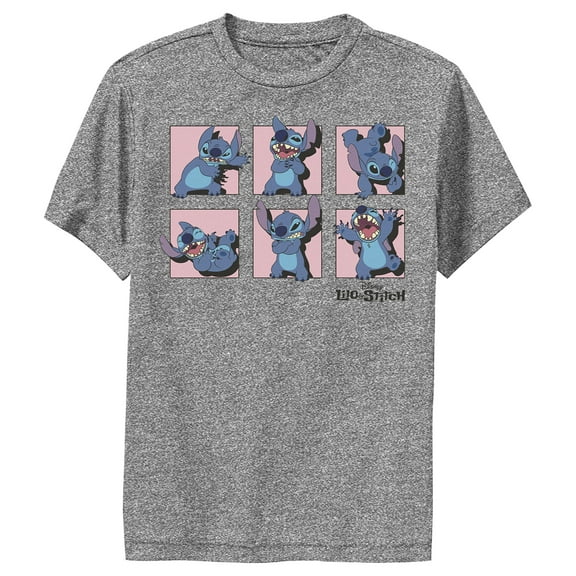 Boy's Lilo & Stitch Poses in Pink Panels Performance Graphic Tee Charcoal Heather Large
