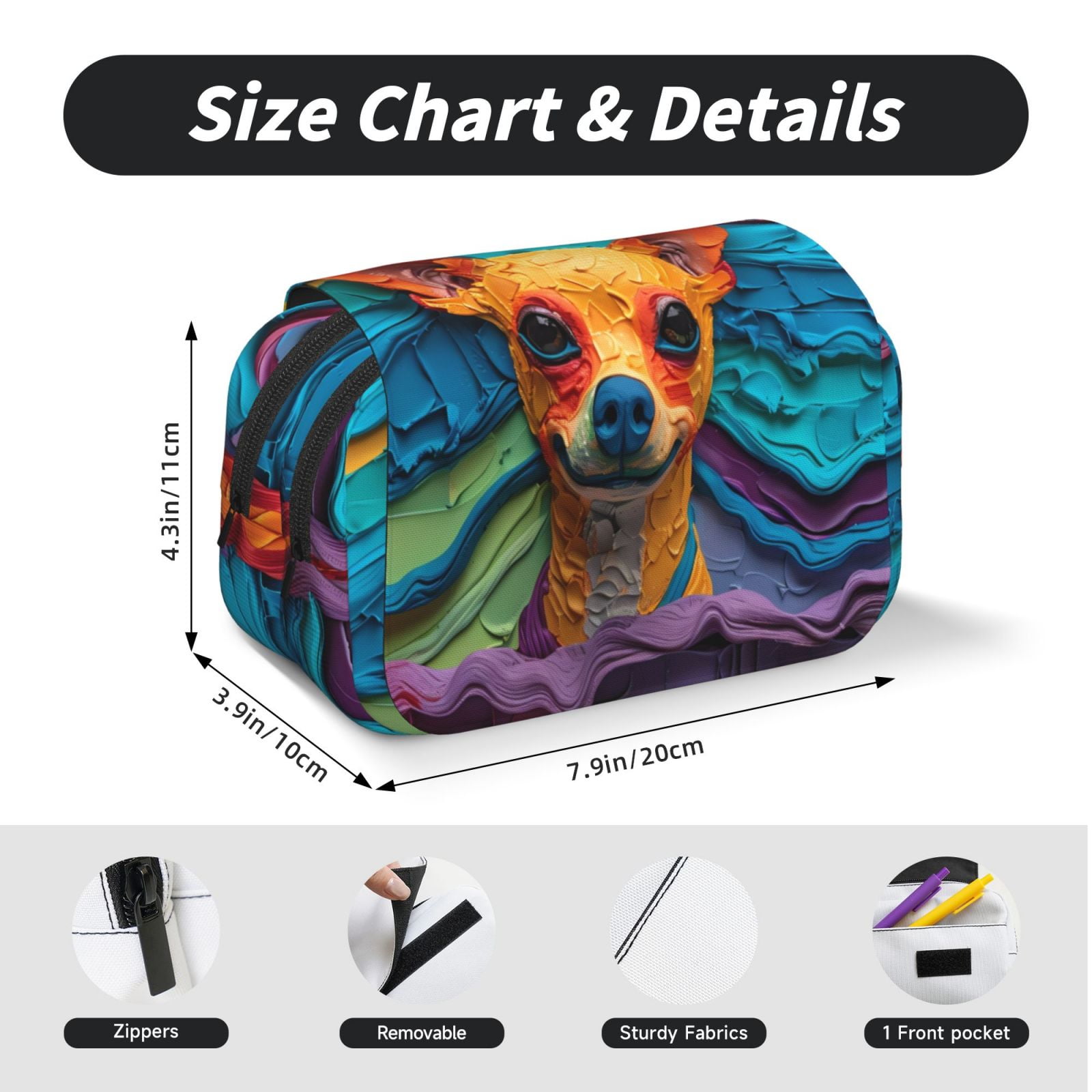 Rateoe Colorful Textured Chihuahua Pattern Double Clamshell Pen Case, Storage Organizer with Two Zipper Compartments– Holds Up to 50 Pencils & Pens