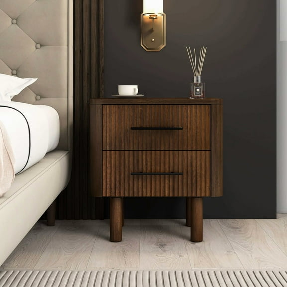 2 Mid-century Modern Bedside Table - Solid Wood In Walnut Finish For Bedroom 2 Drawers, Essential