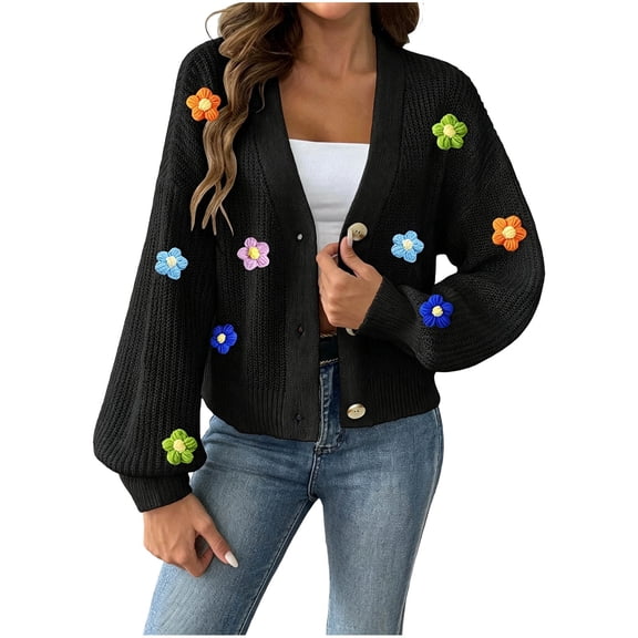 Binmer Women’s 3D Floral V-Neck Knit Cardigan Long Sleeve Button Front Ladies Casual Textured Floral Embellished Layering Sweater,Sizes S-XL