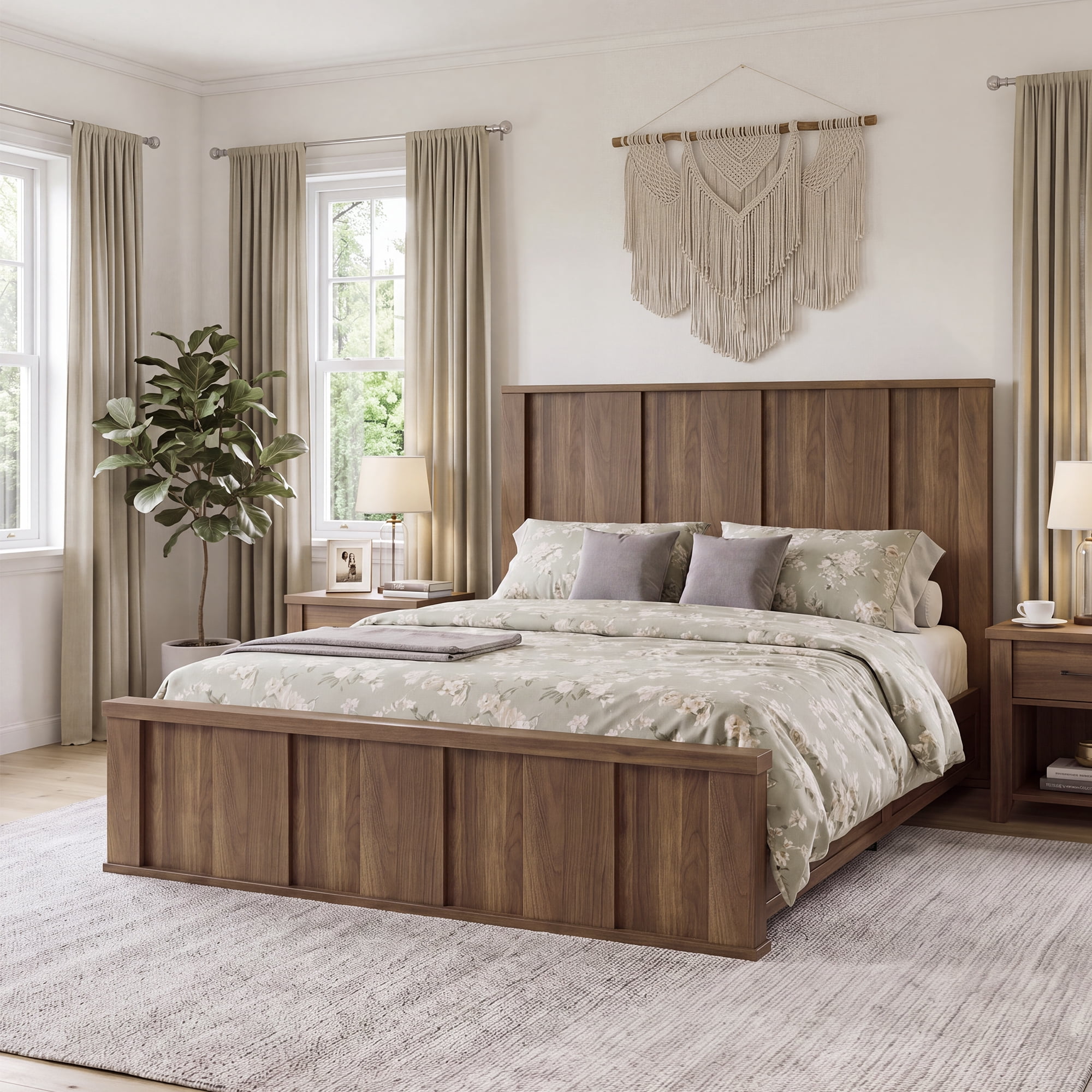 Farmhouse QUEEN Bed Frame with Tall Headboard Walnut