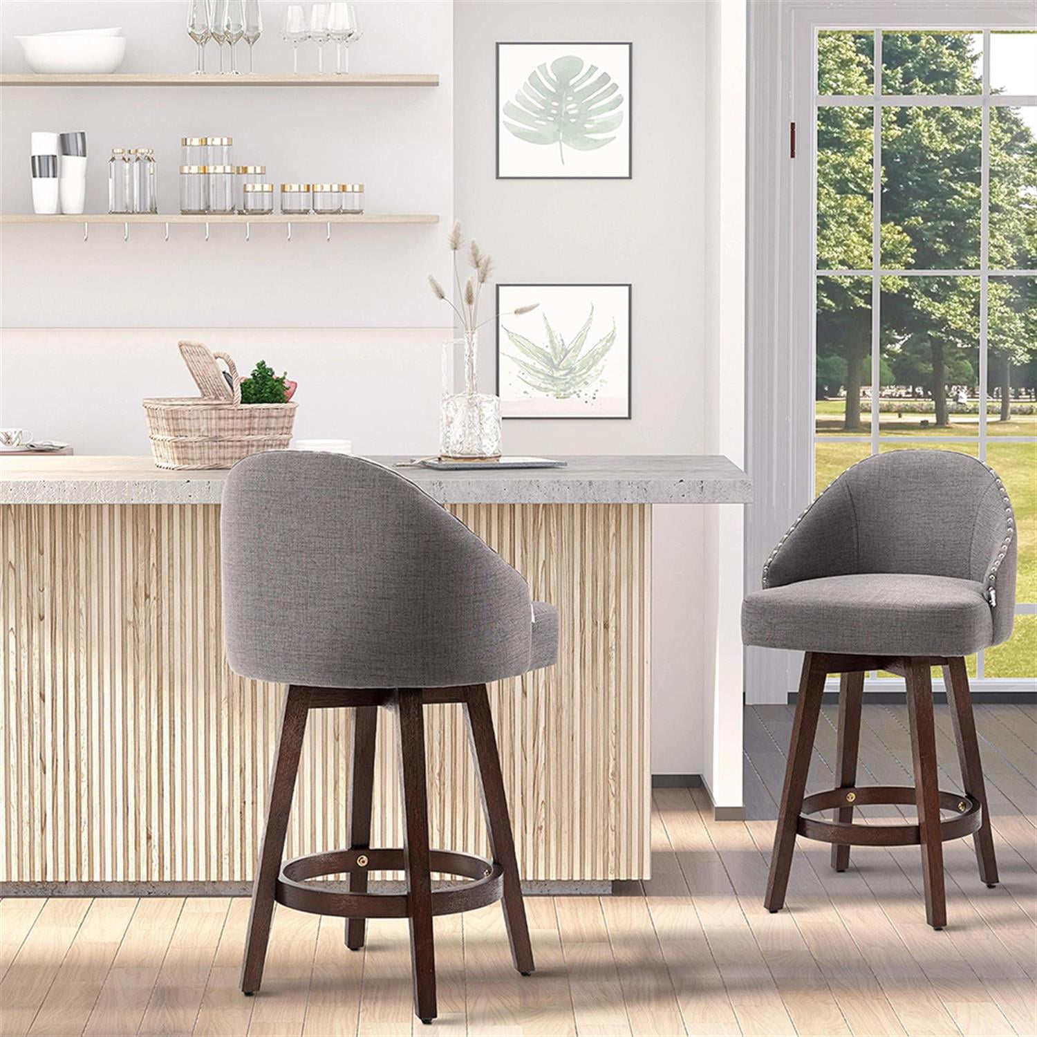 Demi Bonn Modern Bar Stool Set of 4, Cushioned Bar 26" Seat Height Stool with Nailhead Trim, Upholstered Back and Rubber Wood Legs for Kitchen, Dinning Room, Gray