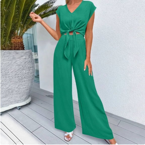 Women's Summer 2 Piece Outfits V-Neck Belted Crop Tops Wide Leg Pant Sets Casual Tracksuit