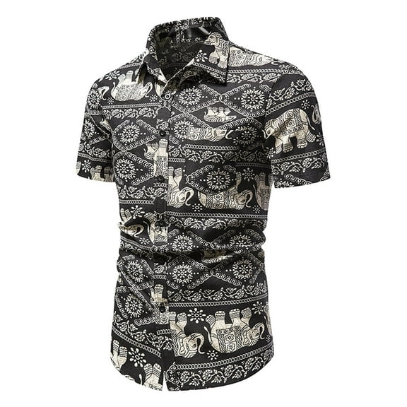 ALLLIST Men's Shirts with Pockets Big And Tall Short Sleeve Cotton Button Down Shirts Casual Retro Black Clothing for Men