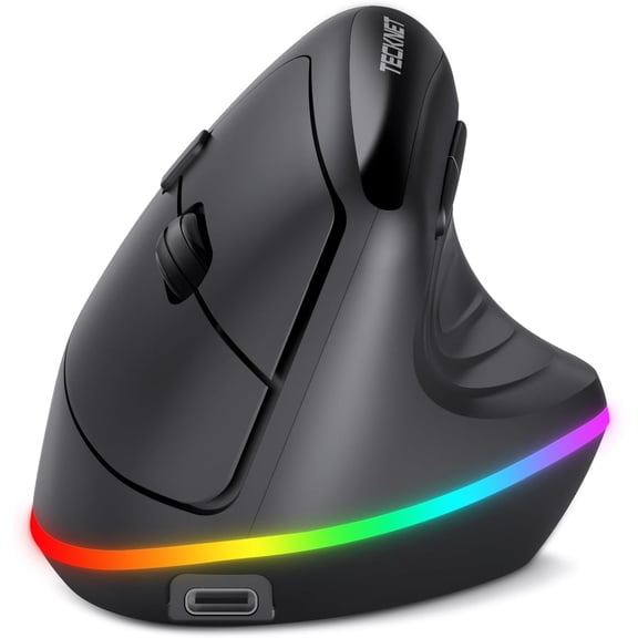 TECKNET RGB Rechargeable Wireless Ergonomic Mouse - USB Bluetooth Multi-Device LED Vertical with 11 Backlight Modes, 4800 DPI Adjustable, Ergo Mice for Windows and Mac, Black