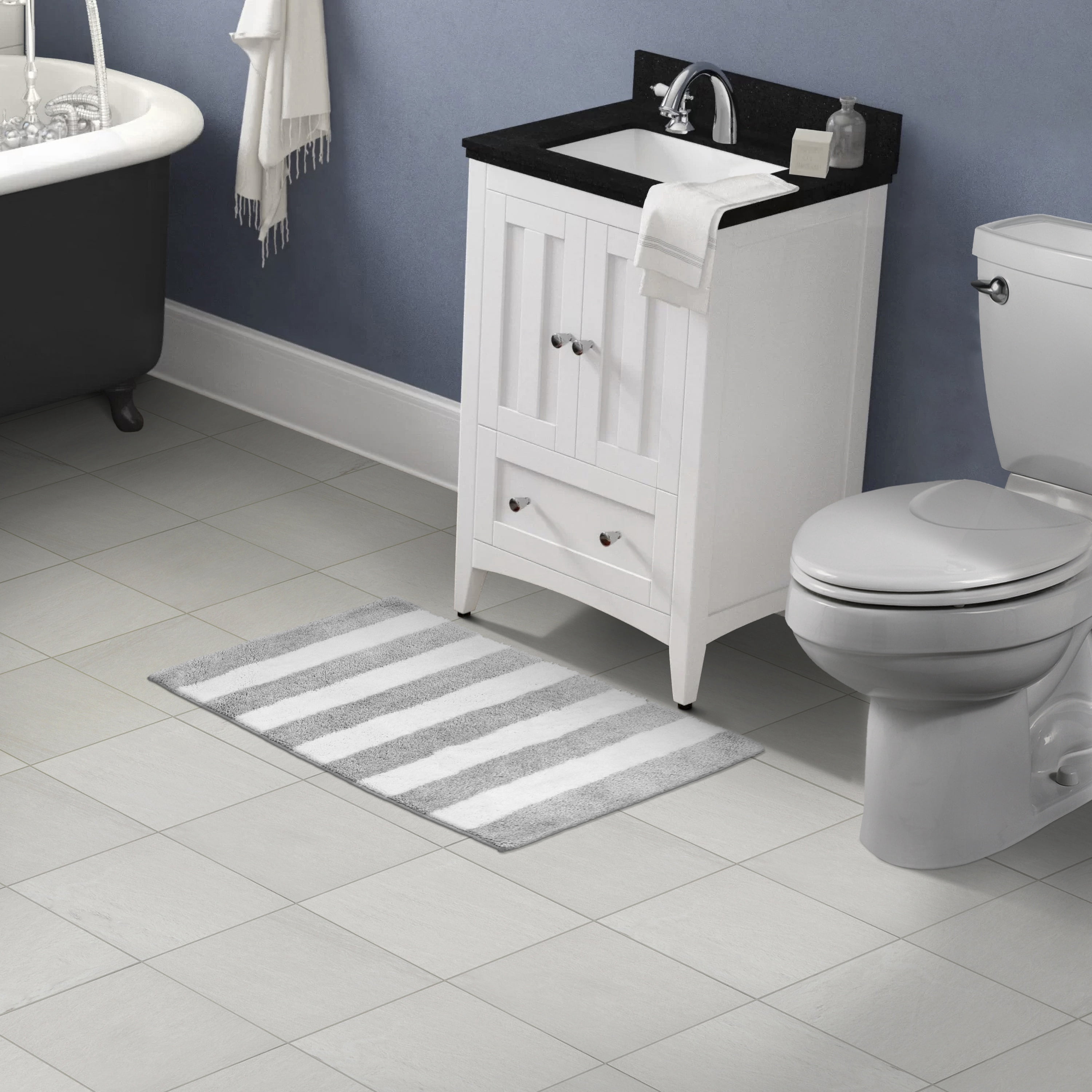Garland Rug Beach Stripe Washable Silver/White Bathroom Rug, 21" x 34"
