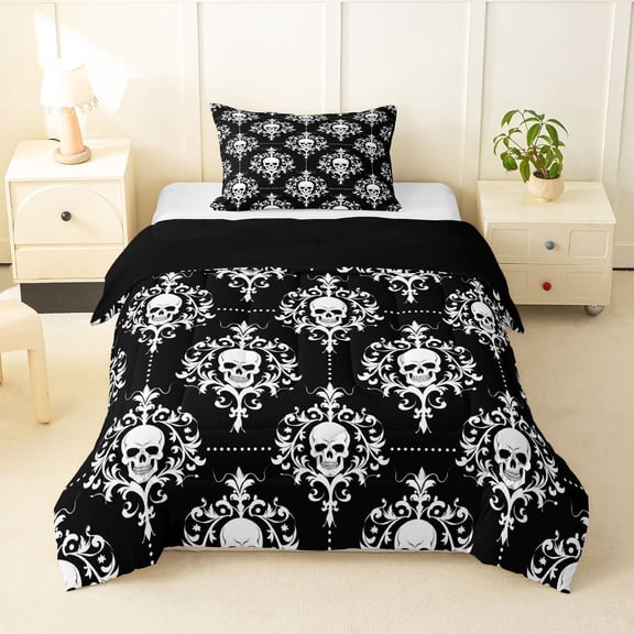 Homewish Hipple Halloween Skull Twin Comforter Sets,Vintage Damask Bedding Set,Black White,Black Reversible,2 Pieces,1 Comforter and 1 Pillowcase